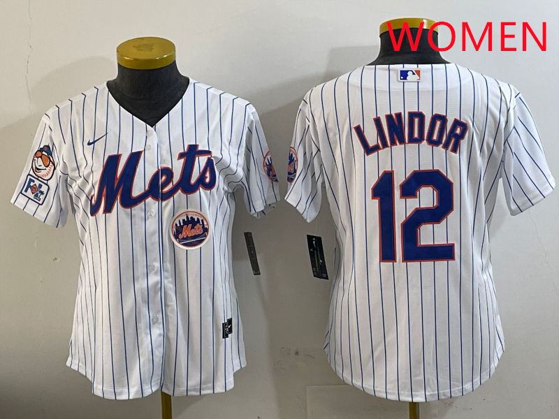 Women New York Mets #12 Lindor White Stirpe Game Fashion 2025 Nike MLB Jersey style 4
